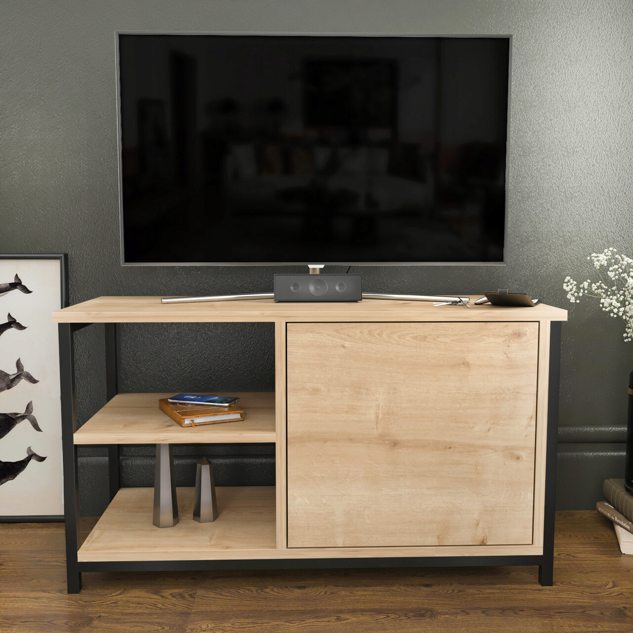 Comoda TV, Hanah Home, Muskegon, 89.6x35.3x50.8 cm, Negru / Stejar - imagine 7